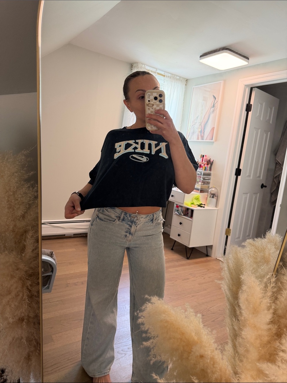 Nike Boxy Navy Tee with Beige and Light Blue Layered Logo